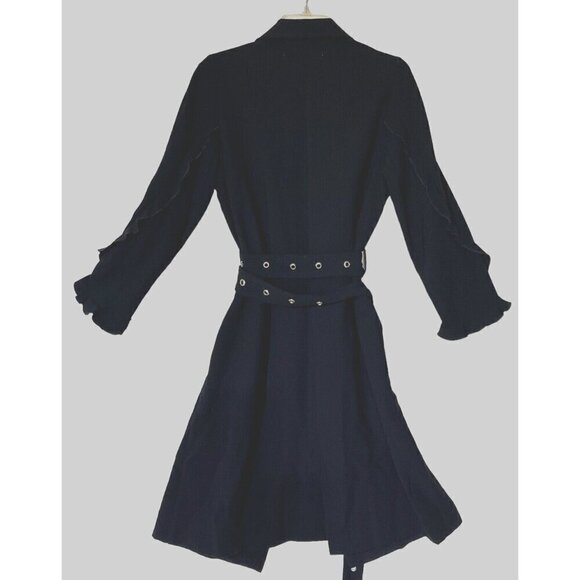 Zara Navy Blue Ruffled Sleeve Belted Wrap Midi Trench Coat Duster - Picture 6 of 10